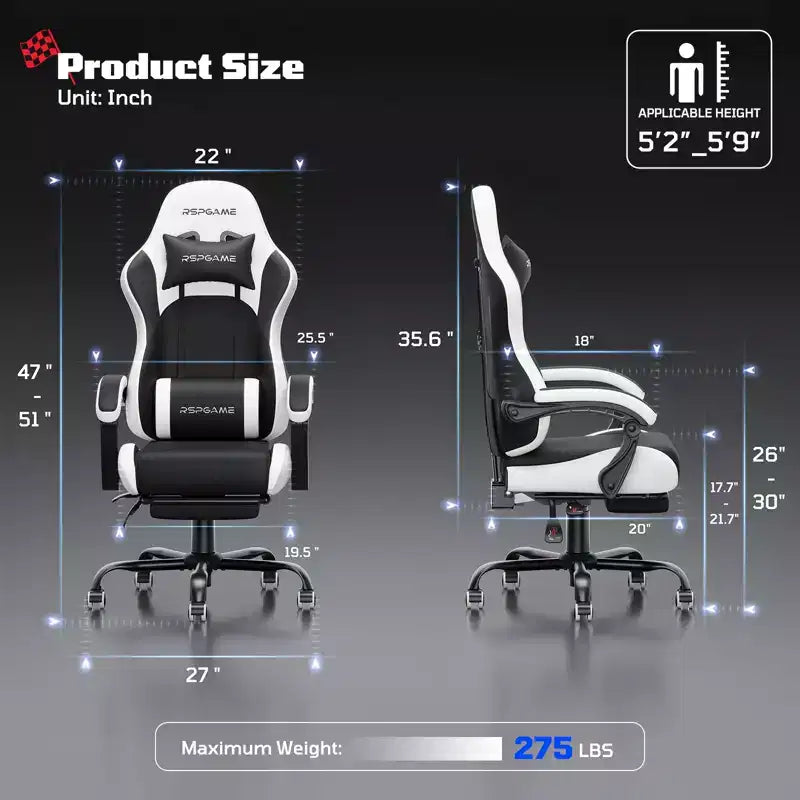 RSPGAME Sillas ergonómicas básicas para juegos de adultos, sillas de oficina de cuero PU con soporte lumbar, cojín de muelles ensacados y reposapiés retráctil