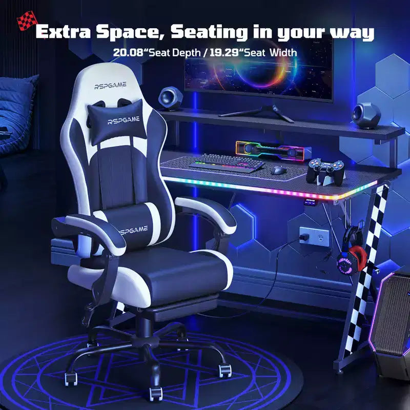 RSPGAME Sillas ergonómicas básicas para juegos de adultos, sillas de oficina de cuero PU con soporte lumbar, cojín de muelles ensacados y reposapiés retráctil