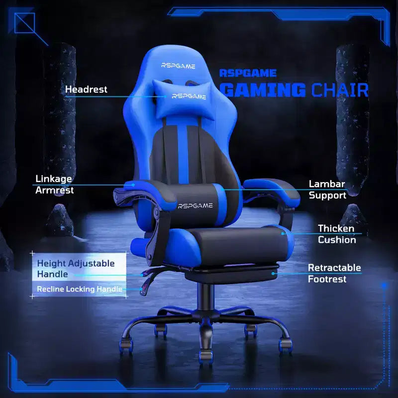 RSPGAME Sillas ergonómicas básicas para juegos de adultos, sillas de oficina de cuero PU con soporte lumbar, cojín de muelles ensacados y reposapiés retráctil