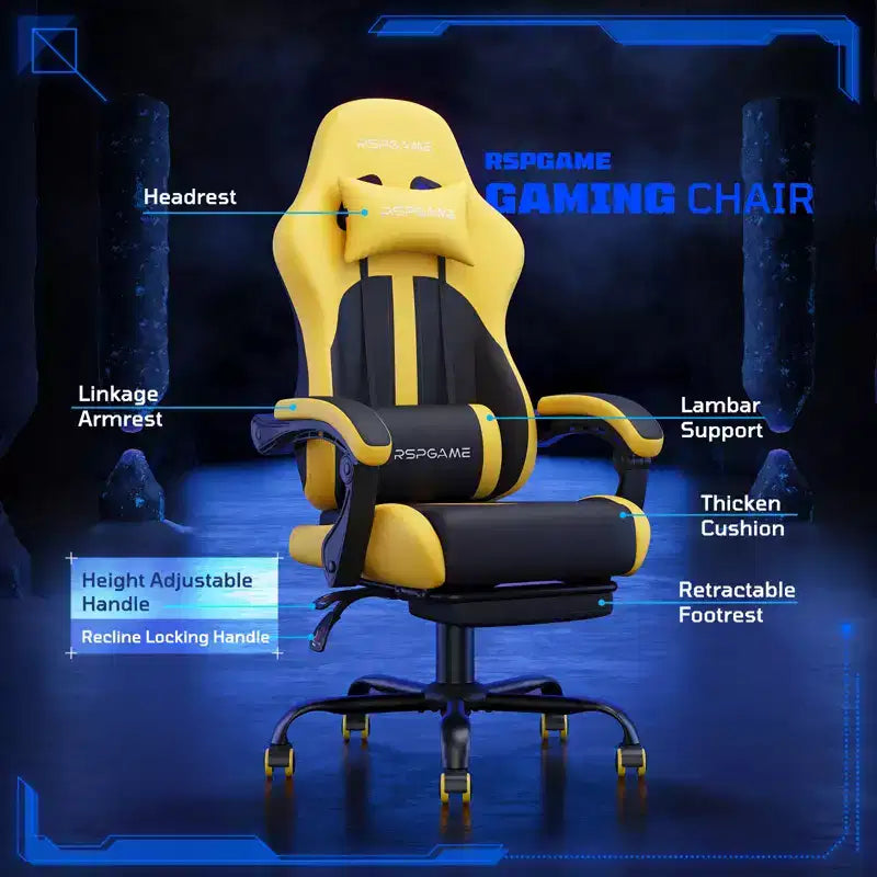 RSPGAME Sillas ergonómicas básicas para juegos de adultos, sillas de oficina de cuero PU con soporte lumbar, cojín de muelles ensacados y reposapiés retráctil