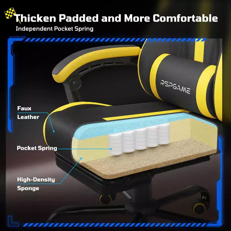 RSPGAME Sillas ergonómicas básicas para juegos de adultos, sillas de oficina de cuero PU con soporte lumbar, cojín de muelles ensacados y reposapiés retráctil