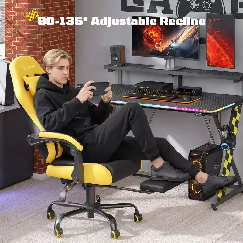 RSPGAME Sillas ergonómicas básicas para juegos de adultos, sillas de oficina de cuero PU con soporte lumbar, cojín de muelles ensacados y reposapiés retráctil