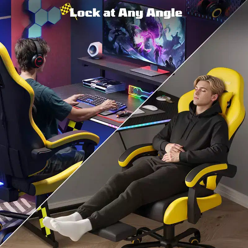 RSPGAME Sillas ergonómicas básicas para juegos de adultos, sillas de oficina de cuero PU con soporte lumbar, cojín de muelles ensacados y reposapiés retráctil