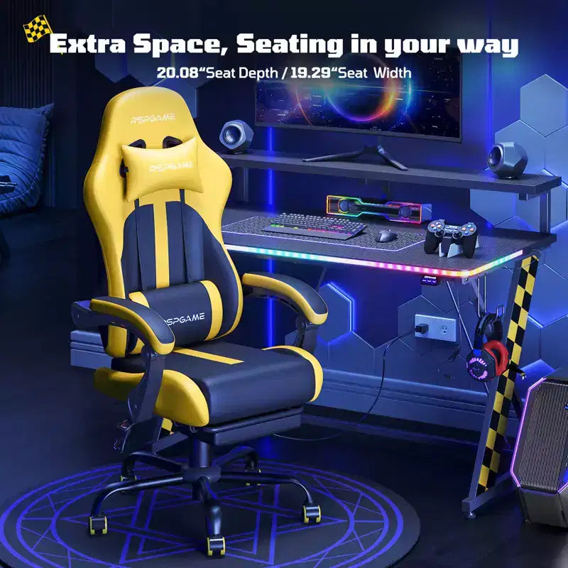 RSPGAME Sillas ergonómicas básicas para juegos de adultos, sillas de oficina de cuero PU con soporte lumbar, cojín de muelles ensacados y reposapiés retráctil