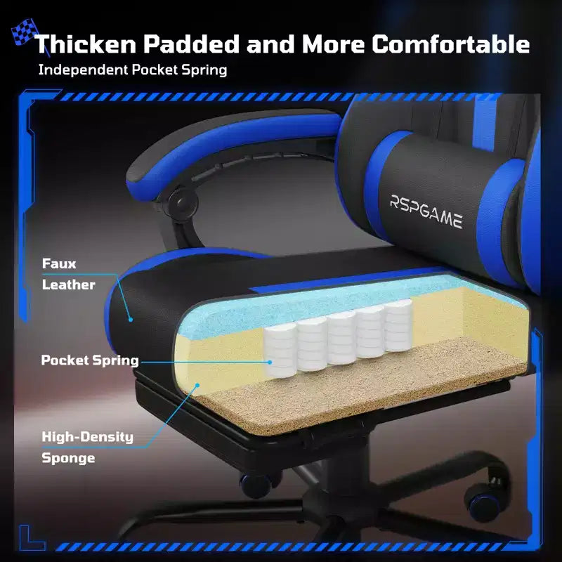 RSPGAME Sillas ergonómicas básicas para juegos de adultos, sillas de oficina de cuero PU con soporte lumbar, cojín de muelles ensacados y reposapiés retráctil