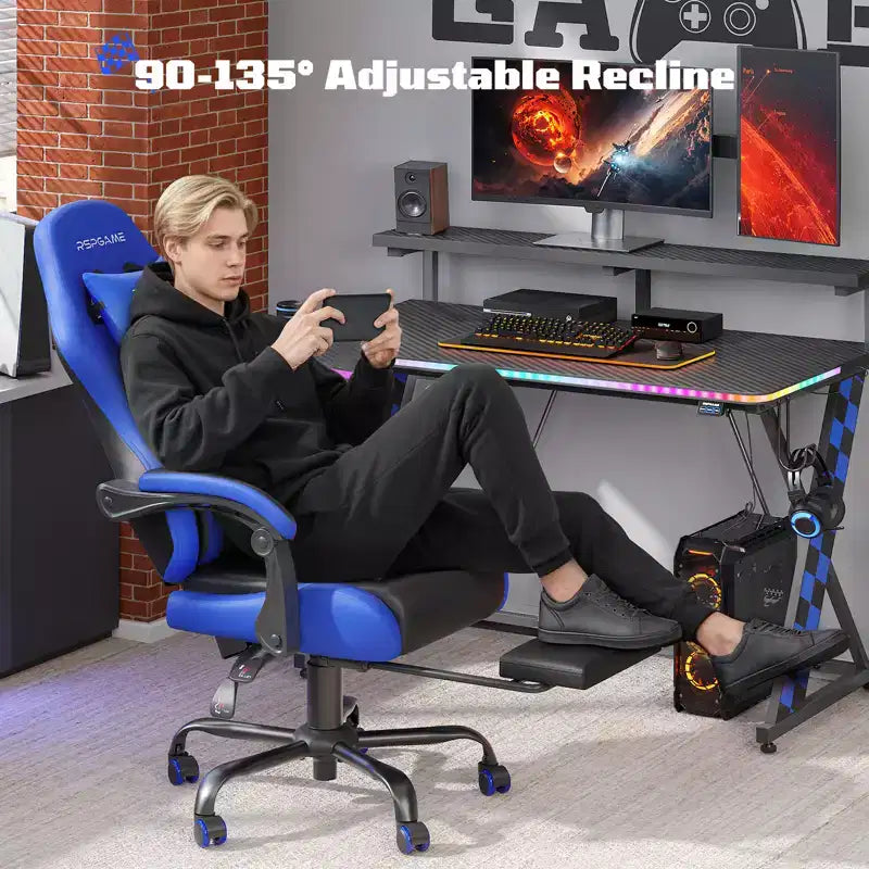 RSPGAME Sillas ergonómicas básicas para juegos de adultos, sillas de oficina de cuero PU con soporte lumbar, cojín de muelles ensacados y reposapiés retráctil
