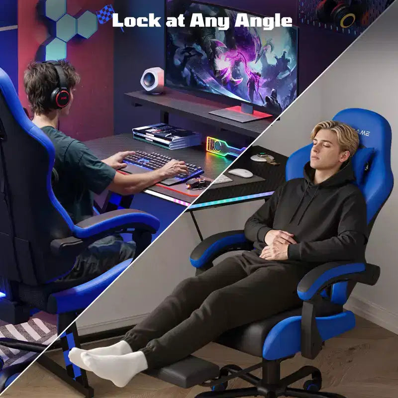 RSPGAME Sillas ergonómicas básicas para juegos de adultos, sillas de oficina de cuero PU con soporte lumbar, cojín de muelles ensacados y reposapiés retráctil