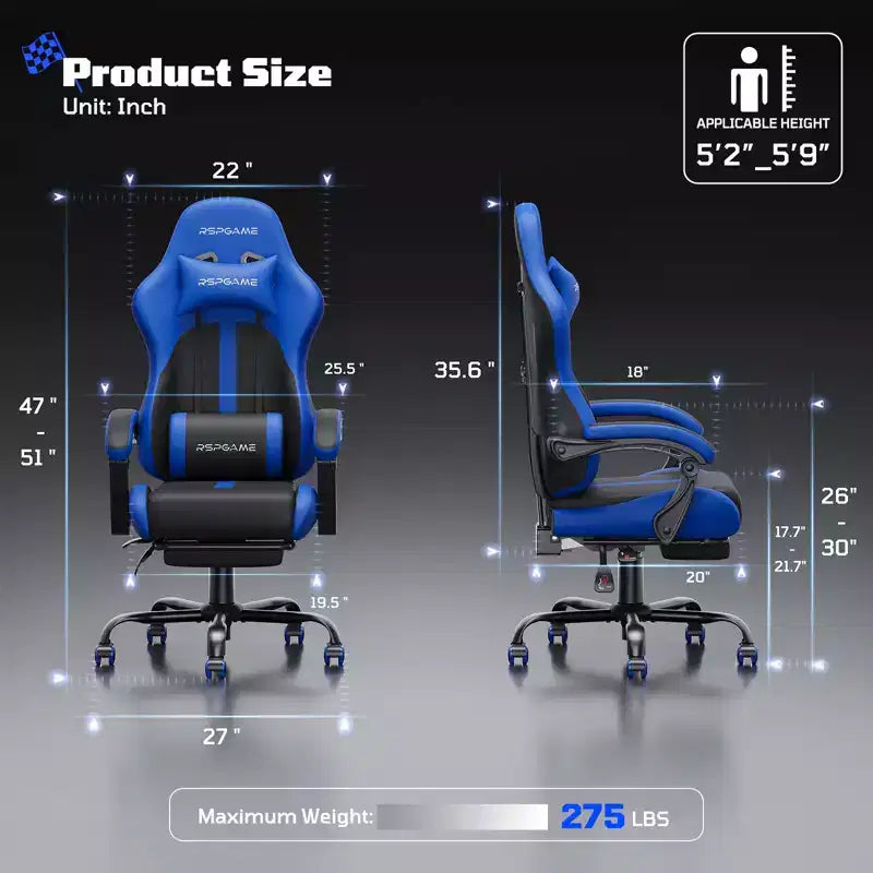RSPGAME Sillas ergonómicas básicas para juegos de adultos, sillas de oficina de cuero PU con soporte lumbar, cojín de muelles ensacados y reposapiés retráctil