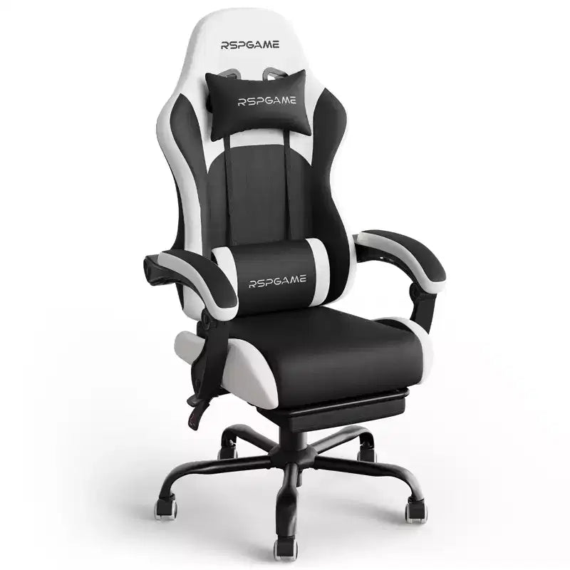 RSPGAME Sillas ergonómicas básicas para juegos de adultos, sillas de oficina de cuero PU con soporte lumbar, cojín de muelles ensacados y reposapiés retráctil