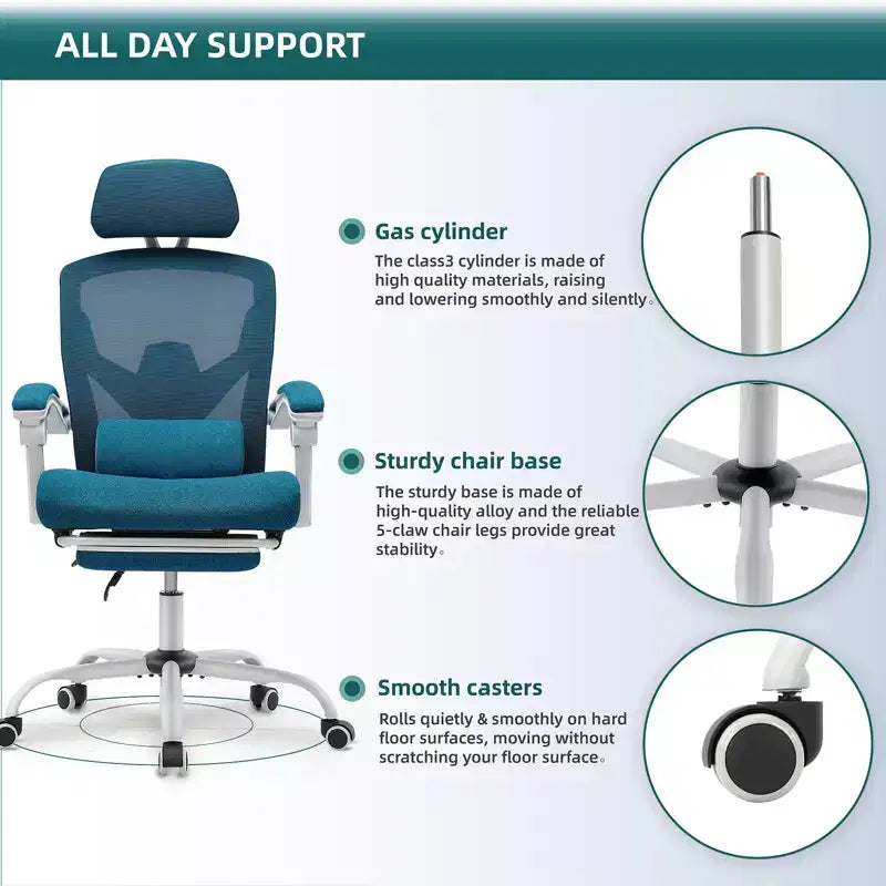 TUYOHW Silla de oficina de malla giratoria con ruedas, silla de oficina con reposapiés retráctil, silla de juegos con cojín de soporte lumbar para oficina