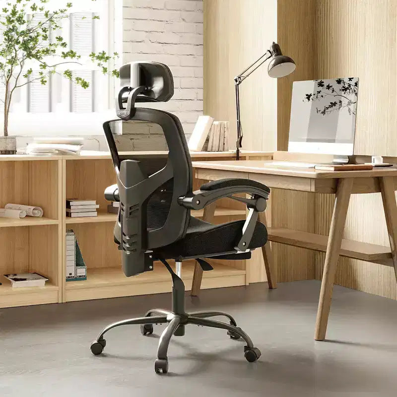 TUYOHW Silla de oficina de malla giratoria con ruedas, silla de oficina con reposapiés retráctil, silla de juegos con cojín de soporte lumbar para oficina