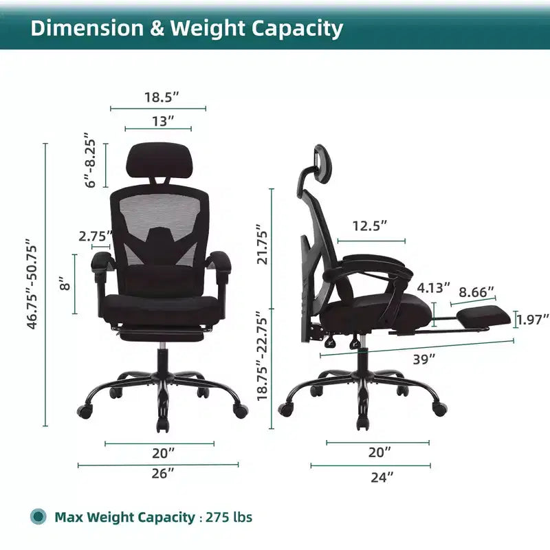 TUYOHW Silla de oficina de malla giratoria con ruedas, silla de oficina con reposapiés retráctil, silla de juegos con cojín de soporte lumbar para oficina