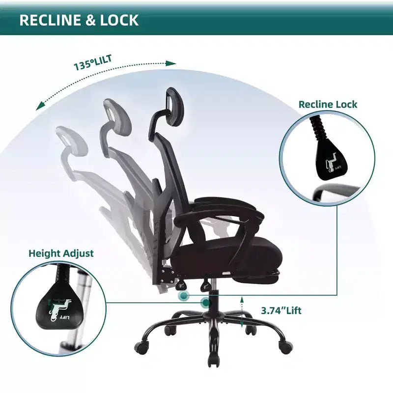 TUYOHW Silla de oficina de malla giratoria con ruedas, silla de oficina con reposapiés retráctil, silla de juegos con cojín de soporte lumbar para oficina