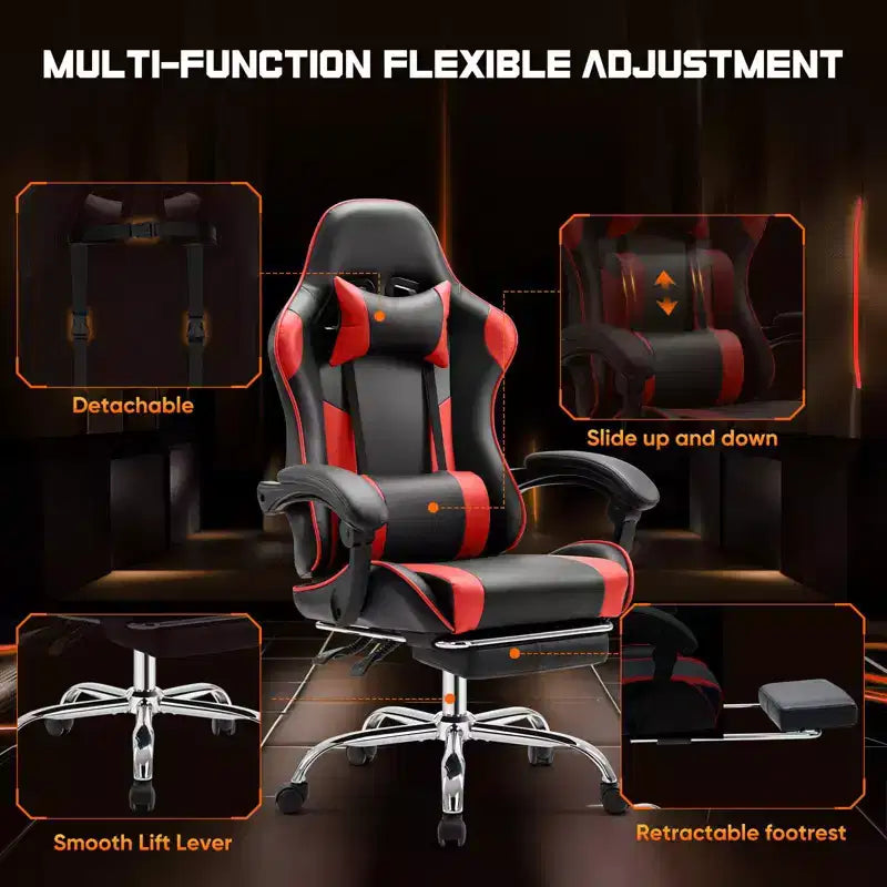 Silla giratoria de piel sintética TUYOHW con diseño de rejilla, reposapiés y soporte lumbar, silla de oficina con reposabrazos fijos, silla para videojuegos para oficina