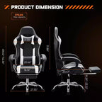 Silla giratoria de piel sintética TUYOHW con diseño de rejilla, reposapiés y soporte lumbar, silla de oficina con reposabrazos fijos, silla para videojuegos para oficina