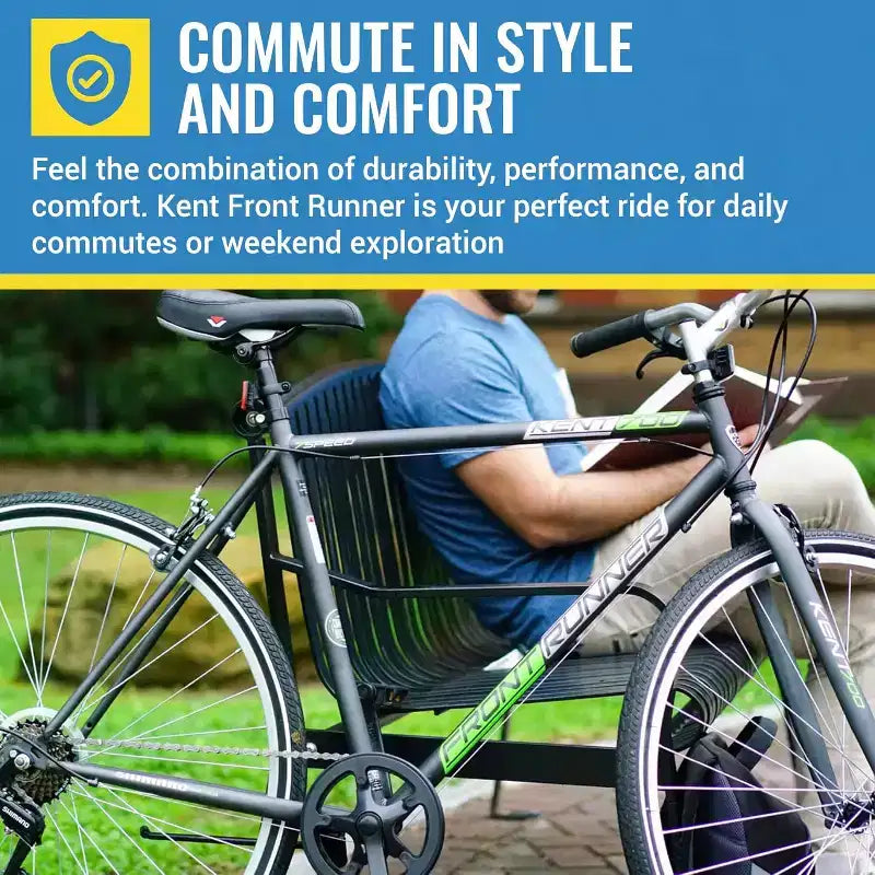 Bicicleta híbrida Front Runner de Kent International - 700c - Bicicleta urbana con transmisión de 7 velocidades, ruedas ligeras de aleación y sillín regulable en altura