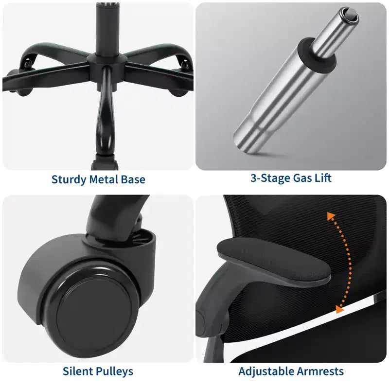 Silla de oficina Garvee con soporte lumbar y reposacabezas ajustables, reposabrazos abatibles, silla ergonómica giratoria de respaldo alto negra para oficina en casa, gaming, negro