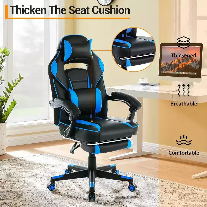 Silla de oficina giratoria para juegos ergonómica de PU con respaldo alto, reposapiés retráctil, altura ajustable, soporte lumbar y reposacabezas ajustables