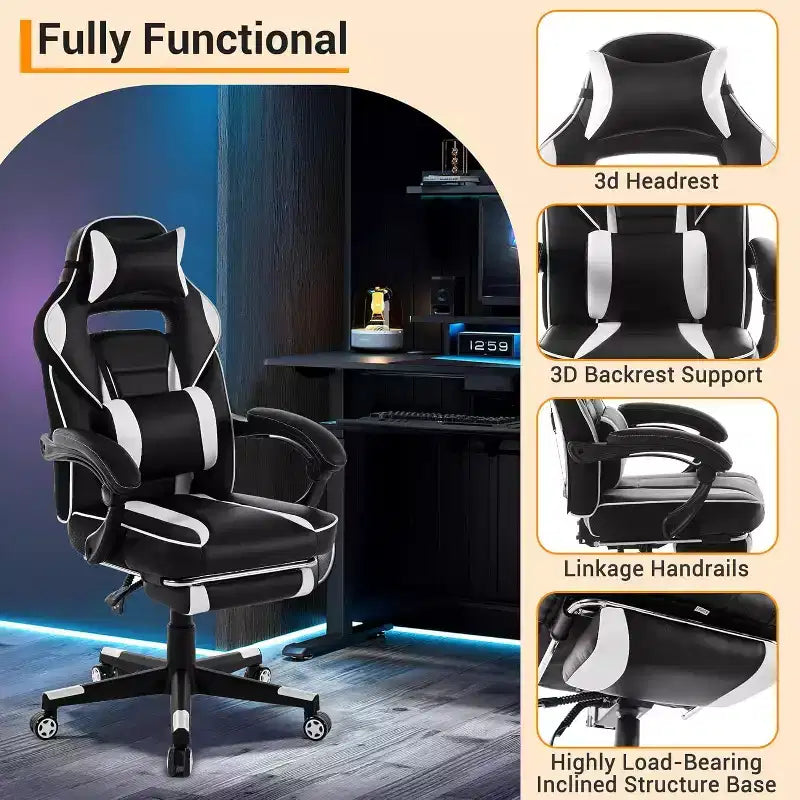 Silla de oficina giratoria para juegos ergonómica de PU con respaldo alto, reposapiés retráctil, altura ajustable, soporte lumbar y reposacabezas ajustables