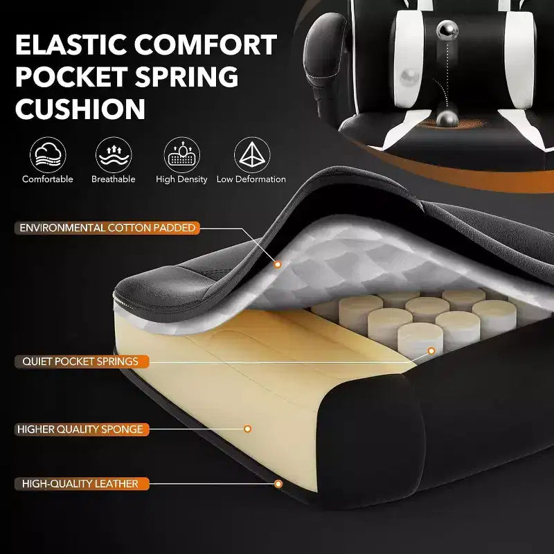 Silla de oficina giratoria para juegos ergonómica de PU con respaldo alto, reposapiés retráctil, altura ajustable, soporte lumbar y reposacabezas ajustables