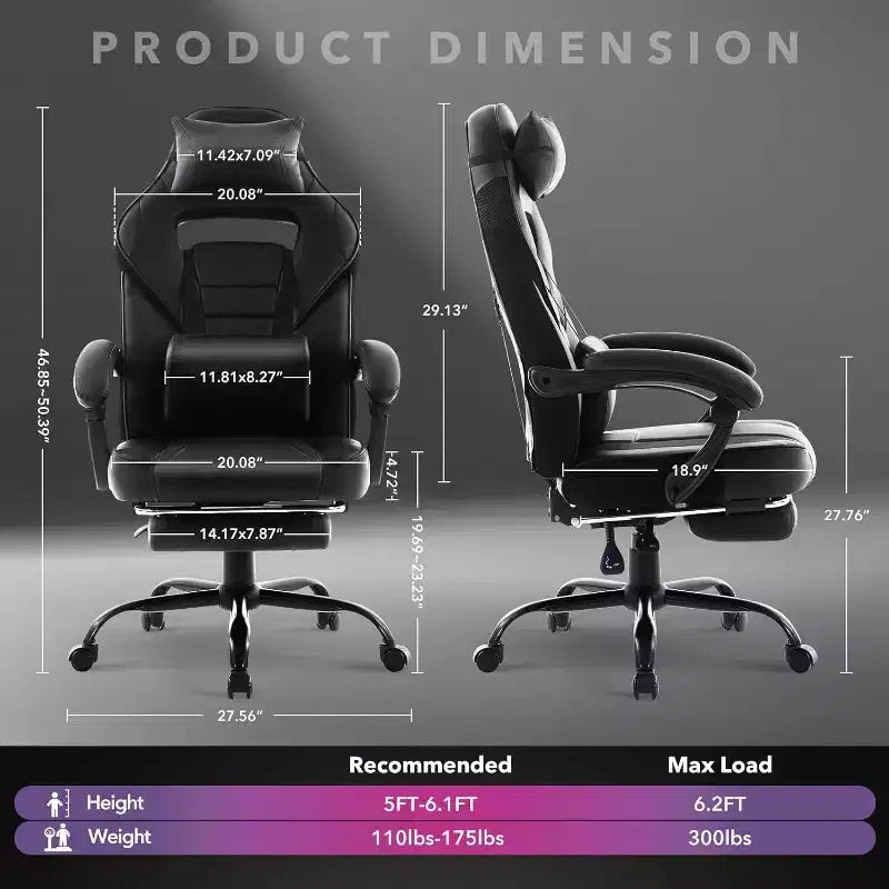 Silla de oficina giratoria para juegos ergonómica de PU con respaldo alto, reposapiés retráctil, altura ajustable, soporte lumbar y reposacabezas ajustables