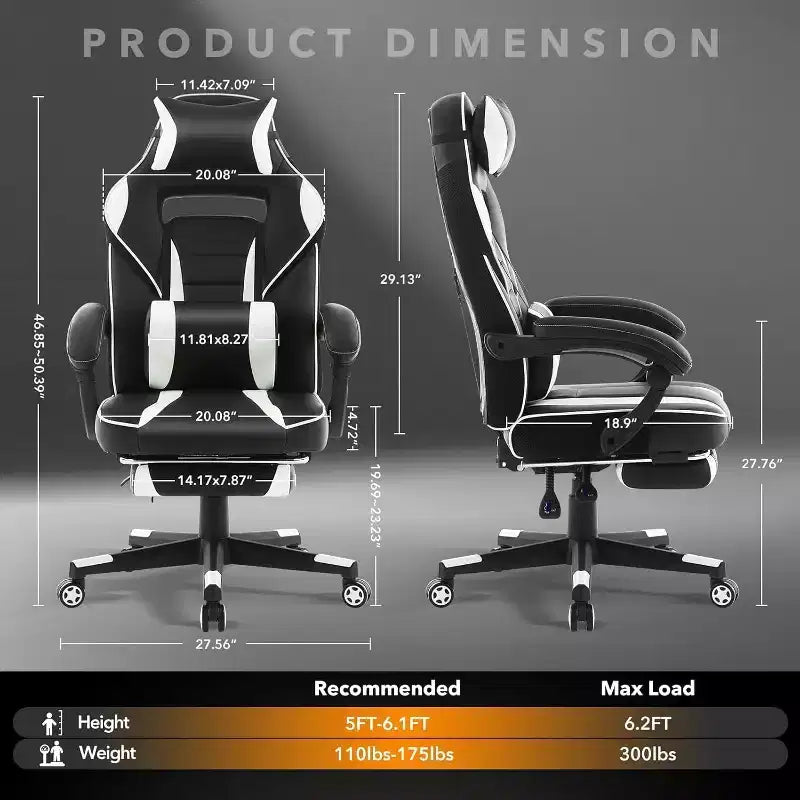 Silla de oficina giratoria para juegos ergonómica de PU con respaldo alto, reposapiés retráctil, altura ajustable, soporte lumbar y reposacabezas ajustables