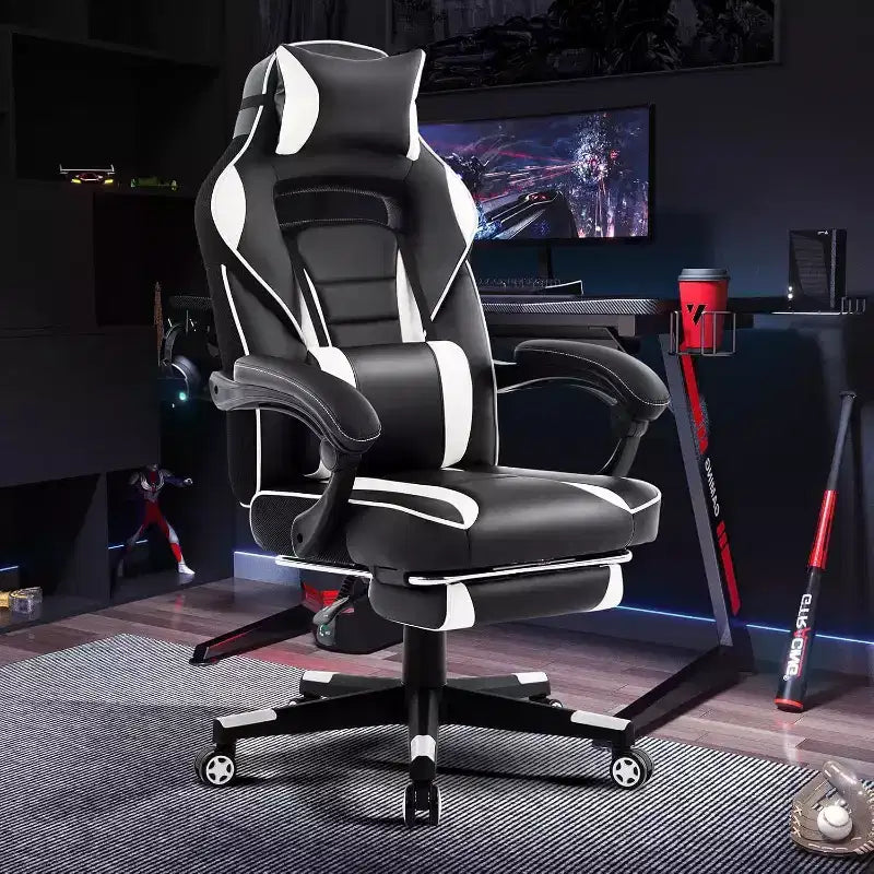 Silla de oficina giratoria para juegos ergonómica de PU con respaldo alto, reposapiés retráctil, altura ajustable, soporte lumbar y reposacabezas ajustables