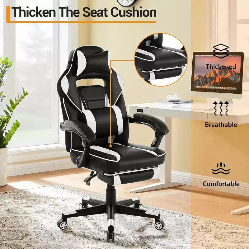 Silla de oficina giratoria para juegos ergonómica de PU con respaldo alto, reposapiés retráctil, altura ajustable, soporte lumbar y reposacabezas ajustables