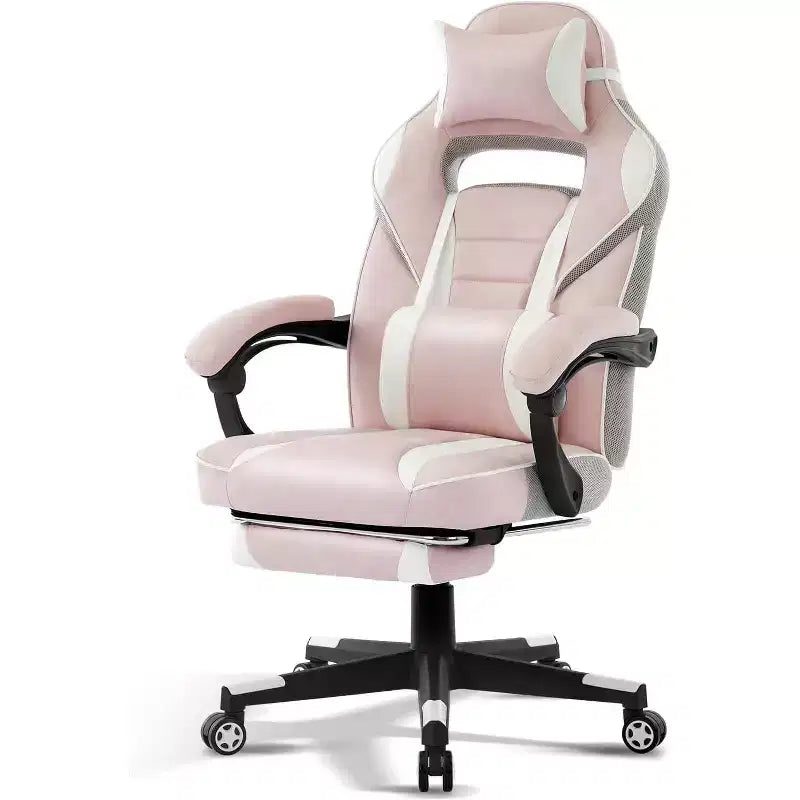Silla de oficina giratoria para juegos ergonómica de PU con respaldo alto, reposapiés retráctil, altura ajustable, soporte lumbar y reposacabezas ajustables