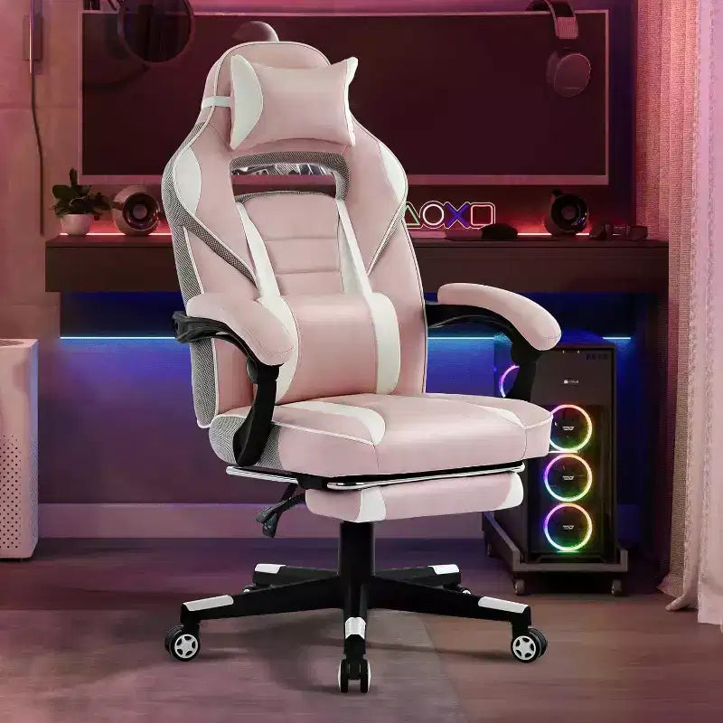 Silla de oficina giratoria para juegos ergonómica de PU con respaldo alto, reposapiés retráctil, altura ajustable, soporte lumbar y reposacabezas ajustables