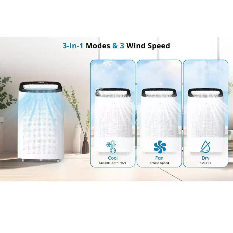 GustoWave Aire acondicionado portátil de 14000 BTU, 3 en 1, para 46-65 m², control remoto, pantalla LED y temporizador de 24 horas