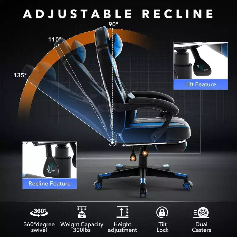 Silla de juego ergonómica Acekool para adultos, piel sintética, masaje lumbar, reposapiés, ajustable, para oficina o gaming