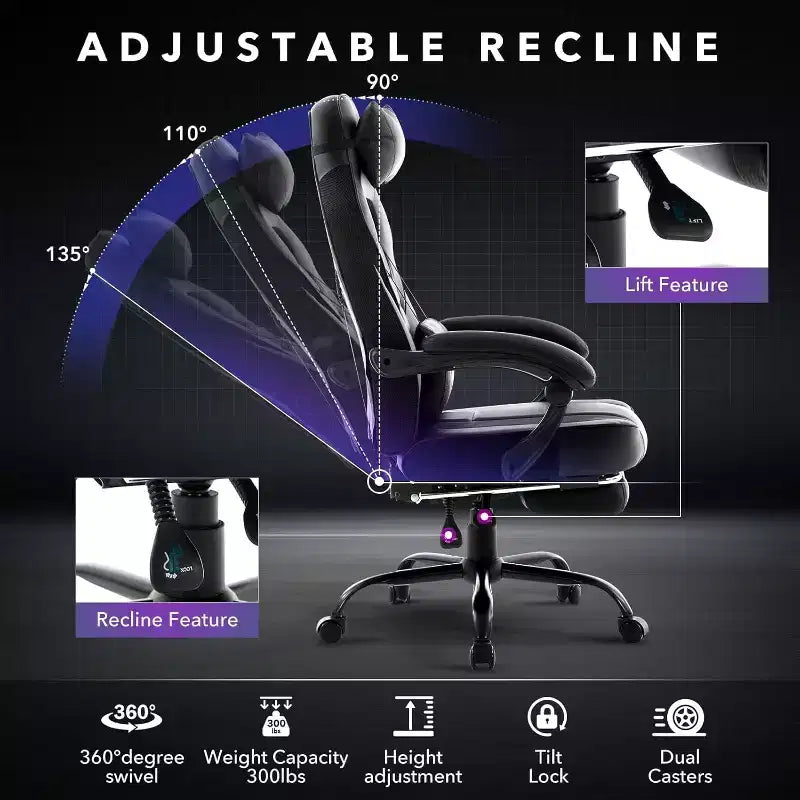 Silla de juego ergonómica Acekool para adultos, piel sintética, masaje lumbar, reposapiés, ajustable, para oficina o gaming