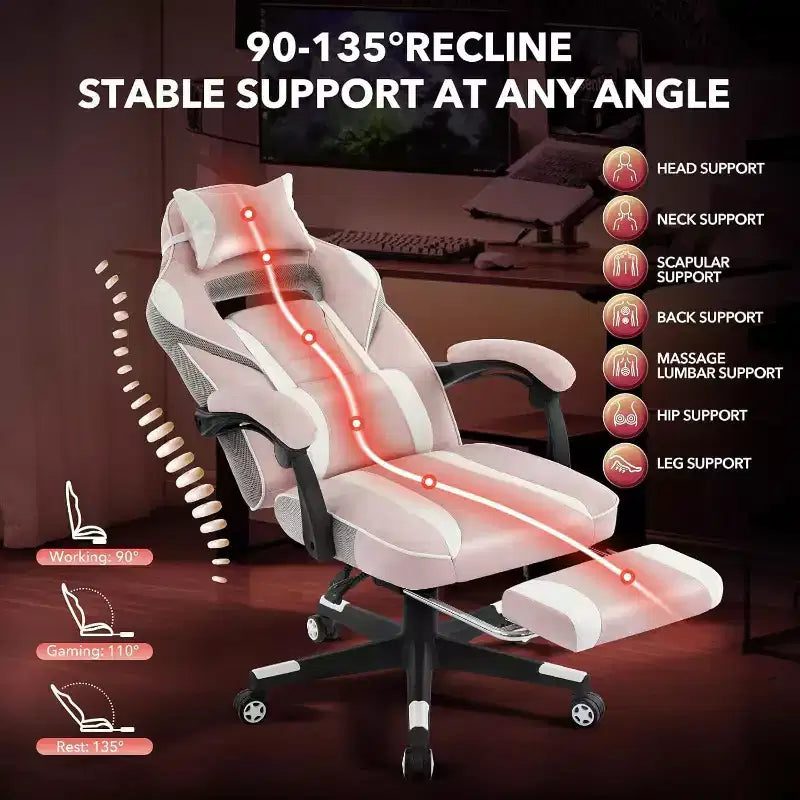 Silla de juego ergonómica Acekool para adultos, piel sintética, masaje lumbar, reposapiés, ajustable, para oficina o gaming