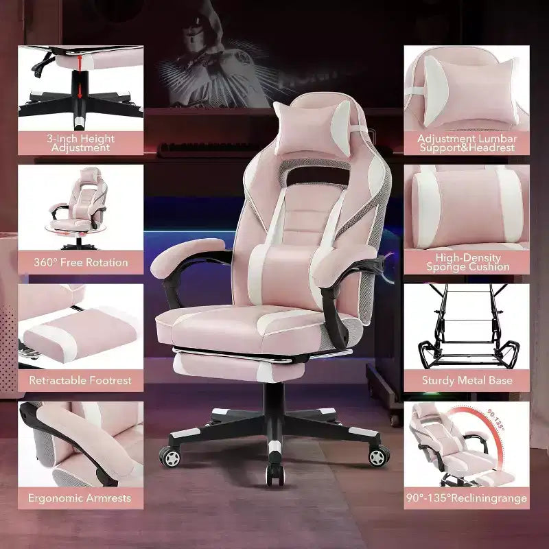 Silla de juego ergonómica Acekool para adultos, piel sintética, masaje lumbar, reposapiés, ajustable, para oficina o gaming