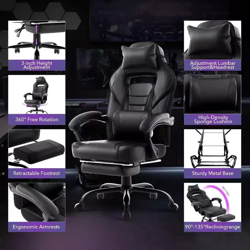 Silla de juego ergonómica Acekool para adultos, piel sintética, masaje lumbar, reposapiés, ajustable, para oficina o gaming