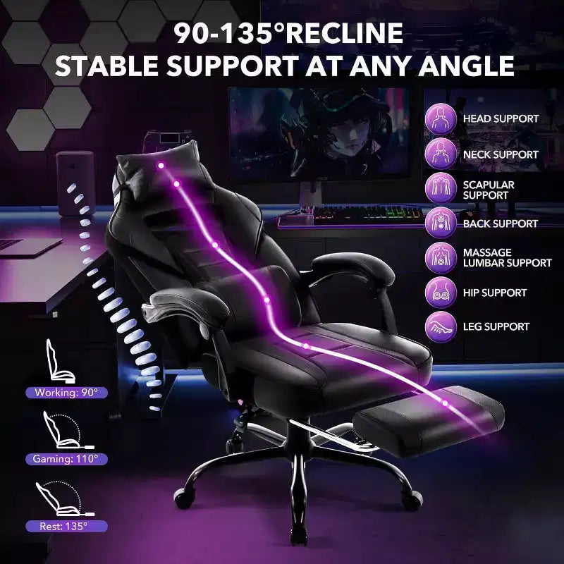 Silla de juego ergonómica Acekool para adultos, piel sintética, masaje lumbar, reposapiés, ajustable, para oficina o gaming