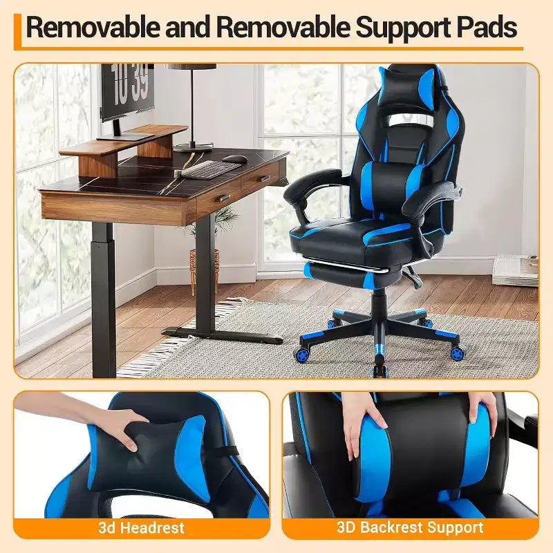 Silla de juego ergonómica Acekool para adultos, piel sintética, masaje lumbar, reposapiés, ajustable, para oficina o gaming