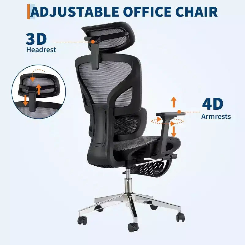 Silla de oficina ergonómica de malla Acekool con reposapiés, reposabrazos 4D y soporte lumbar ajustable para el hogar o sala de juegos