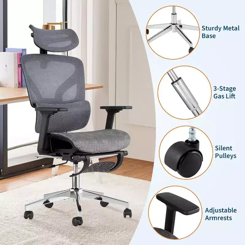 Silla de oficina ergonómica de malla Acekool con reposapiés, reposabrazos 4D y soporte lumbar ajustable para el hogar o sala de juegos