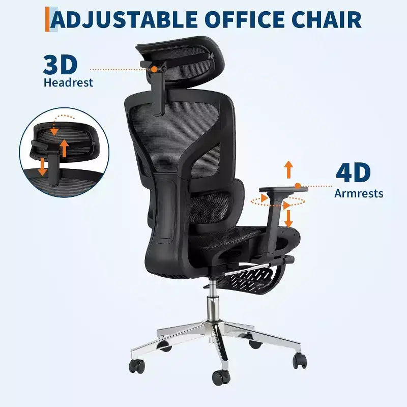 Silla de oficina ergonómica de malla Acekool con reposapiés, reposabrazos 4D y soporte lumbar ajustable para el hogar o sala de juegos