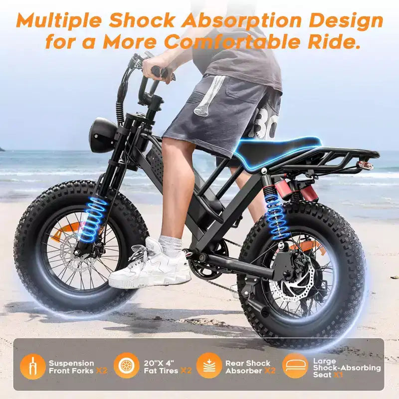 Bicicleta Eléctrica Eilleo 20 Fat Tire Motor de 750W (920W pico), 40 km/h, 80-110 km de autonomía, batería de 48V 15.6Ah, doble suspensión, Shimano de 7 velocidades