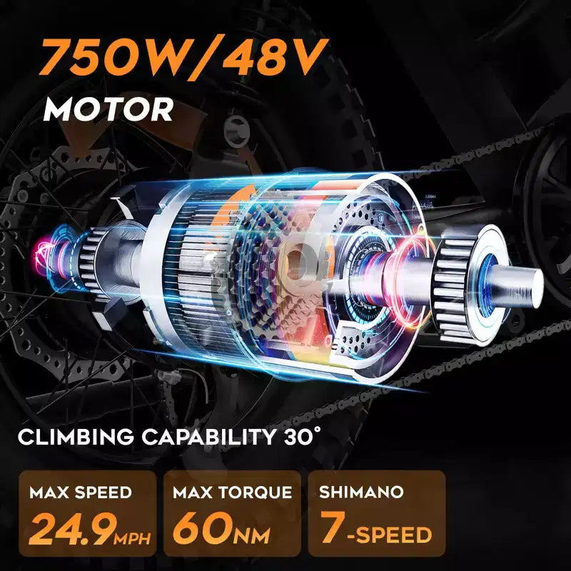 Bicicleta Eléctrica Eilleo 20 Fat Tire Motor de 750W (920W pico), 40 km/h, 80-110 km de autonomía, batería de 48V 15.6Ah, doble suspensión, Shimano de 7 velocidades