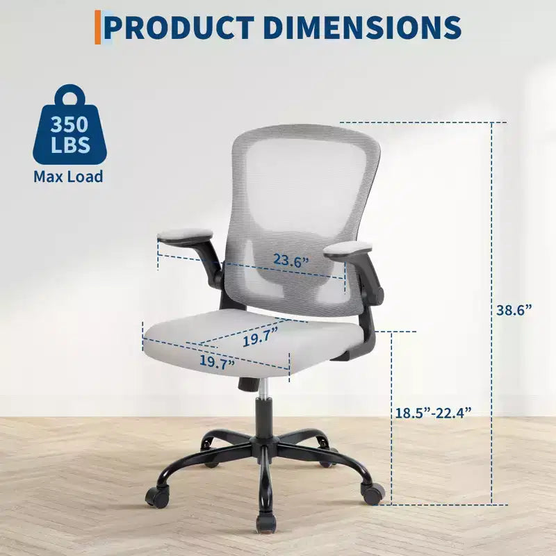 Silla de oficina de malla gris de alta gama ergonómica prémium - Altura ajustable, reposabrazos plegables y soporte lumbar - Cómodo asiento giratorio para el hogar, juegos y trabajo