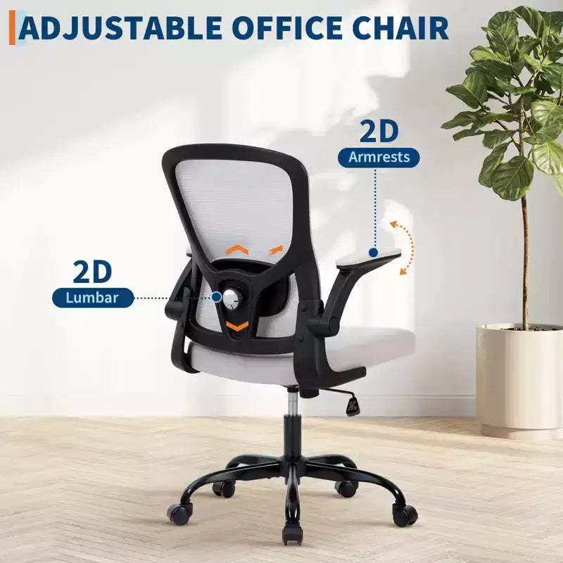 Silla de oficina de malla gris de alta gama ergonómica prémium - Altura ajustable, reposabrazos plegables y soporte lumbar - Cómodo asiento giratorio para el hogar, juegos y trabajo