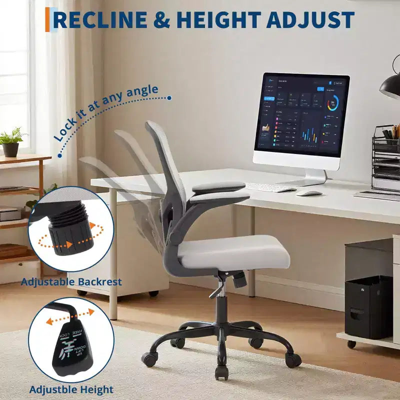 Silla de oficina de malla gris de alta gama ergonómica prémium - Altura ajustable, reposabrazos plegables y soporte lumbar - Cómodo asiento giratorio para el hogar, juegos y trabajo