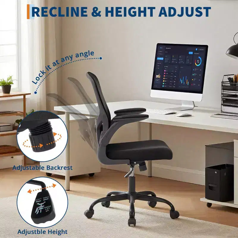 Silla de oficina de malla gris de alta gama ergonómica prémium - Altura ajustable, reposabrazos plegables y soporte lumbar - Cómodo asiento giratorio para el hogar, juegos y trabajo