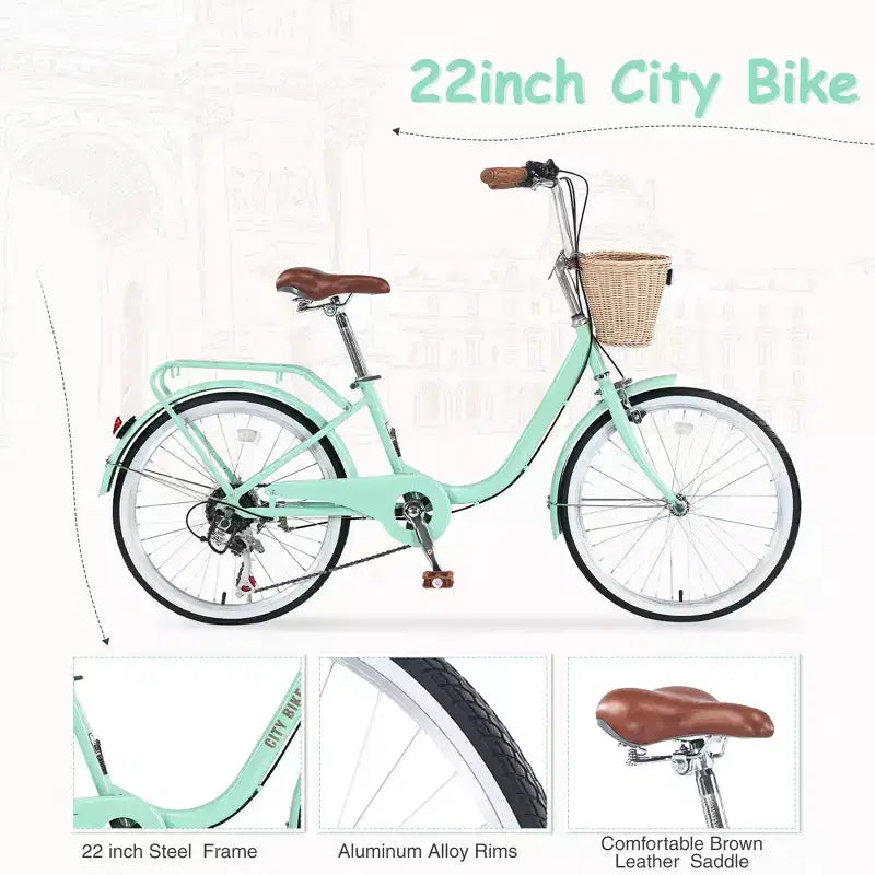 Bicicleta de carretera de 22", cuadro de acero de 13", cruiser urbano de 7 velocidades con frenos dobles y cesta, bicicleta para hombres y mujeres para ciclismo al aire libre