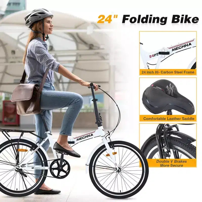 NAYSAYE Bicicleta plegable de 24 pulgadas para adultos con guardabarros, cuadro de acero, velocidad única, bicicleta de cercanías urbana, blanco claro, 63*22.83*45.6