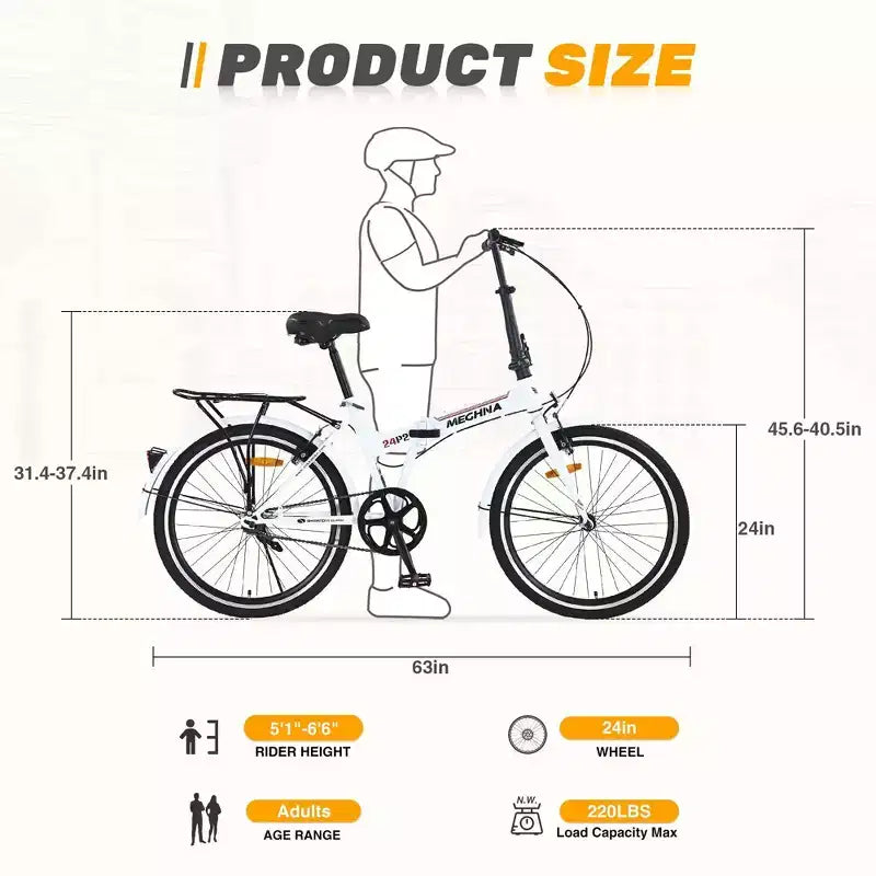 NAYSAYE Bicicleta plegable de 24 pulgadas para adultos con guardabarros, cuadro de acero, velocidad única, bicicleta de cercanías urbana, blanco claro, 63*22.83*45.6
